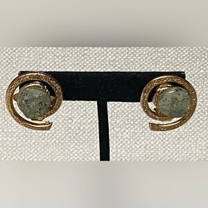 J Jansen Moss Green Stone Earrings Gold Tone Modernist Stud Omega Back Signed